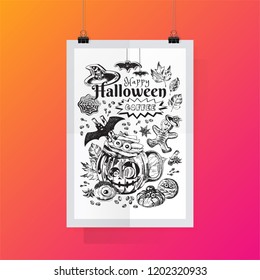 Happy Halloween Coffee Illustration, Funny Scary Theme Artwork. Festive beverage with title, spooky gingerbread and cookies decoration. Engraved style vector graphic. Good for cafe menu, ads, poster