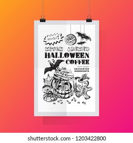 Happy Halloween Coffee Illustration, Funny Scary Theme Artwork. Festive beverage with title, spooky gingerbread and cookies decoration. Engraved style vector graphic. Good for cafe menu, ads, poster