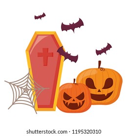 happy halloween coffin with bats and pumpkins
