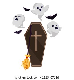 happy halloween coffin with ghosts and bats