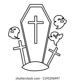 happy halloween coffin with ghosts and cross