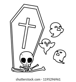 happy halloween coffin with ghosts and skull
