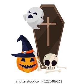 happy halloween coffin with ghosts and skull