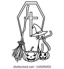 happy halloween coffin with pumpkin and cat