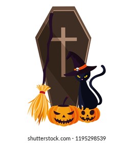happy halloween coffin with pumpkin and cat