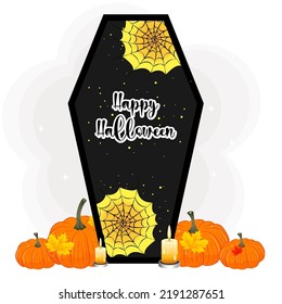 Happy Halloween coffin with pumpkins, vector illustration