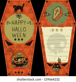 Happy halloween coffins postcard invitation. Vector illustration for web page backgrounds, postcards, greeting cards, invitations, pattern fills, surface textures.