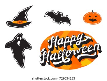 Happy Halloween Collection - 3D Hand Drawn Lettering with Shading, Ghost, Witch Hat, Bat, Pumpkin. Vector Illustration for Greeting Card, logo, emblem.