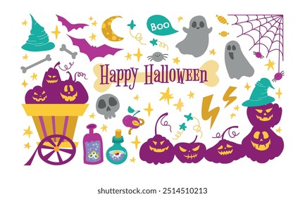 Feliz colección de Halloween. Vacaciones de otoño con fantasmas, calabazas, cráneo, Web de araña, botellas de poción. Estilo plano lindo de la ilustración en un fondo blanco. Elementos de Vector para carteles, postales. 