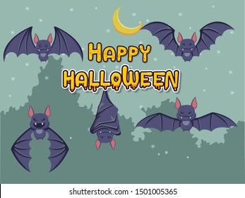Happy halloween collection of bats on background. Concept cartoon bat in different. Halloween elements set. Vector clipart illustration