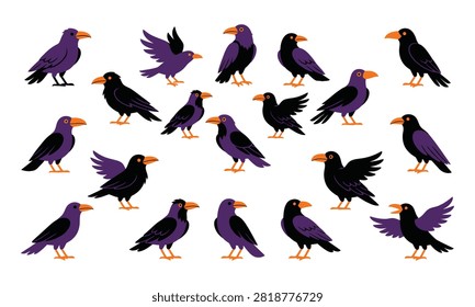 Happy Halloween Collection of cartoon crows in various poses on white background Vector