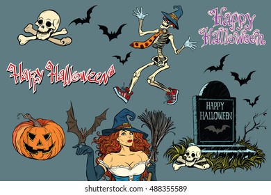 Happy Halloween a collection of characters. Stickers skeleton, grave, bones, witch, pumpkin and bats, pop art retro vector illustration. Set for a holiday