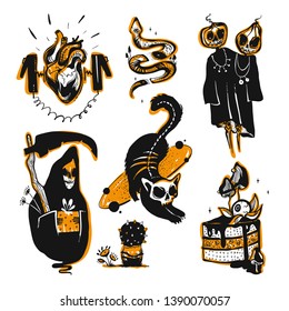 Happy Halloween. Collection of creepy pictures for halloween decorations, doodle silhouettes, halloween, silhouettes, sketch, icon, sticker. Hand drawn vector illustration. 