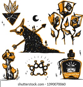 Happy Halloween. Collection of creepy pictures for halloween decorations, doodle silhouettes, halloween, silhouettes, sketch, icon, sticker. Hand drawn vector illustration. 