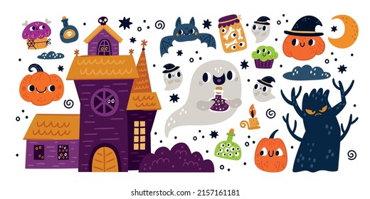 Happy Halloween collection: cute ghost, bat, pumpkin, monsters, haunted castle. Trick or treat, spooky autumn. Design elements for cards, poster, prints, anniversary, invitation and party decoration