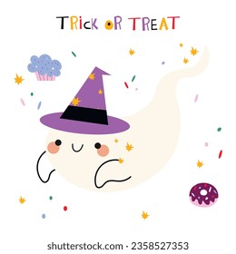 Happy Halloween collection with a cute Ghost in a hat, sweets, trick or treat, sweet time inscription and colored confetti.Ideal for cards, poster, prints, anniversary, invitation and party decoration