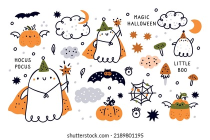 Happy Halloween collection and cute ghosts  pumpkins  bats  moons   stars  Cartoon Halloween characters for kids prints  poster  invitations  Vector illustration for holiday