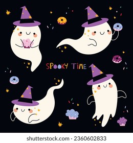 Happy Halloween collection with cute Ghosts in a hat, cupcakes and donuts on a dark background. Ideal for cards, poster, prints, anniversary, invitation and party decoration