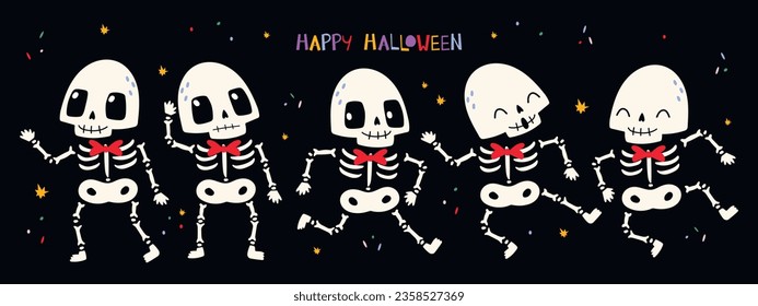 Happy Halloween collection with cute Skeleton with different emotions and movement, inscription and colored confetti on a dark background. Ideal for cards, poster, prints, anniversary, invitation and 