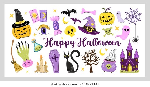 Happy Halloween collection cute spooky with pumpkins ghosts candy bats witch hat haunted house and fun elements perfect for prints stickers cards and kids decor. Vector illustration