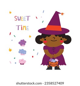 Happy Halloween collection with a cute Witch in a hat, a basket of sweets, cupcakes, a sweet lettering and colored confetti on a light background. 