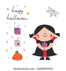 Happy Halloween collection with cute witch in vampire costume, isolated pumpkin and juice packaging, Happy Halloween lettering and colored confetti on light background