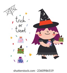 Happy Halloween collection with cute witch in hat, frog, potion flasks, trick or treat lettering and colored confetti on light background