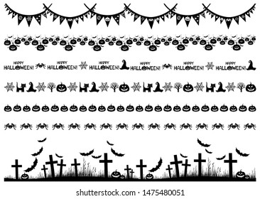 Happy Halloween! Collection of design elements isolated on White background. Halloween long horizontal banner for top and bottom of web site. Frame for party poster, flyer, card design with typography