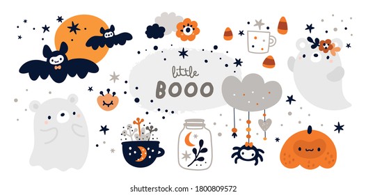 Happy Halloween collection with design elements. Halloween collection isolated on white background. Ideal for cards, poster, prints, anniversary, invitation and party decoration