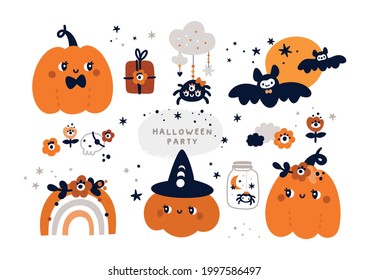 Happy Halloween collection with design elements. Halloween Pumpkins, bat, spider collection isolated on white background. Ideal for cards, poster, prints, anniversary, invitation and party decoration