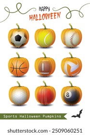 Happy Halloween. Collection of different Halloween Sports Pumpkins for your creative works. Sports balls in the shape of a Pumpkin. Vector illustration.