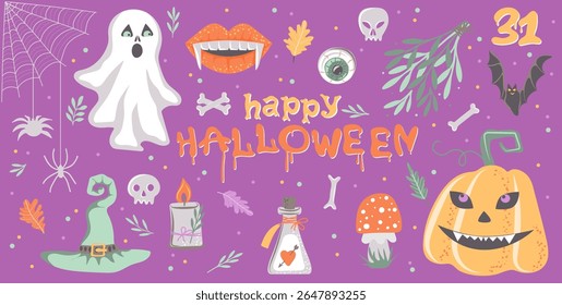Happy Halloween. Collection of hand drawn holidays elements pumpkin, ghost,spiders, witch hat. Vector illustration.