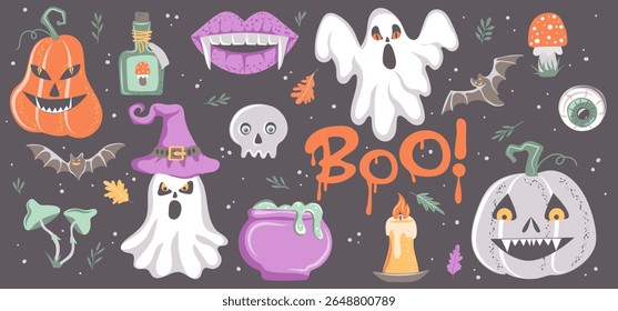 Happy Halloween. Collection of hand drawn holidays elements pumpkin, ghost, skull, bat, witch hat. Vector illustration.