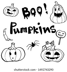 Happy Halloween collection. Hand-drawn vector of set of pumpkins, spiders, lettering. Isolated on white. Design for halloween stickers, background, card, invitation, covering designs.