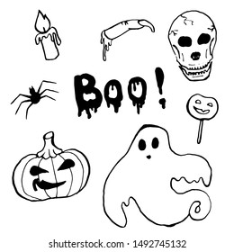 Happy Halloween collection. Hand-drawn vector of set of pumpkin, spider, lettering, skull, candle, ghost . Isolated on white. Design for halloween stickers, background, card, invitation.