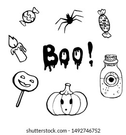 Happy Halloween collection. Hand-drawn vector of set of pumpkin, spider, lettering, poison bottle, eye, candle, ghost . Isolated on white. Design for halloween stickers, background, card, invitation.