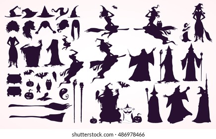 Happy Halloween collection: heads,bodies, witch attributes -separated elements. Witches and Wizards Silhouettes (flying, making magic), broomsticks, hats, bats, ghost. Hand drawn vector illustration.