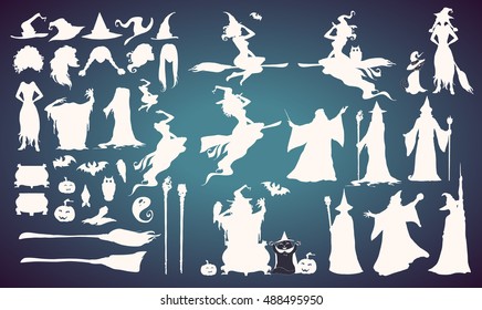 Happy Halloween collection: heads,bodies, witch attributes -separated elements. Witches and Wizards Silhouettes (flying, making magic), broomsticks, hats, bats, ghost. Hand drawn vector illustration.