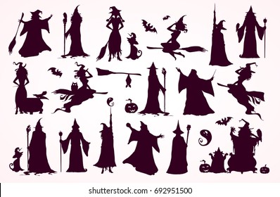 Happy Halloween collection: heads,bodies, witch attributes, elements. Witches, Wizards Silhouettes (flying, making magic), broomsticks, hats, bats.. Hand drawn vector illustration.