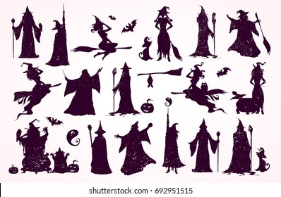 Happy Halloween collection: heads,bodies, witch attributes, elements. Witches, Wizards Silhouettes (flying, making magic), broomsticks, hats, bats.. Hand drawn vector illustration.