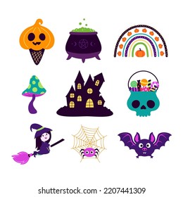 happy halloween collection with ice cream, bat, witch, haunted house, pot and magic elements isolated on white background, ideal for cards, poster, prints