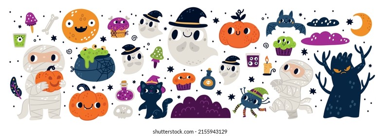 Happy Halloween collection isolated on white background. Trick or treat ghosts, spooky autumn. Friday the 13th. Design elements for cards, poster, prints, anniversary, invitation and party decoration