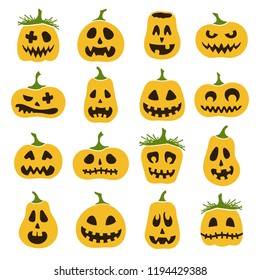 Happy Halloween collection of jack-o-lanterns, scary spooky creepy pumpkins silhouettes - design template set for banner, poster, greeting card, party invitation. Trick or treat - 31 of October