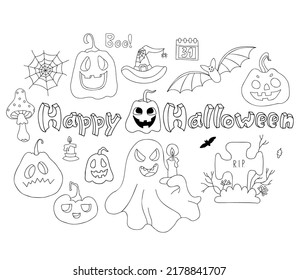 Happy Halloween collection. Linear hand drawn doodle pumpkin Jack, ghost, bat and cobweb, graveyard, grave and magical fly agaric. Vector Isolated elements for decor, design and decoration.