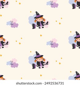 Happy Halloween collection. Patterns with a creepy ghost with a basket of sweets, the inscription Happy Halloween, a cute witch on a broom in the clouds. Vector illustrations