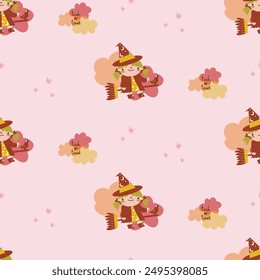 Happy Halloween collection. Patterns with a creepy ghost with a basket of sweets, the inscription Happy Halloween, a cute witch on a broom in the clouds. Vector illustrations