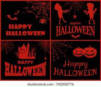 Happy Halloween collection of posters, icons of zombies, spiders and bats, pumpkins and house, images with headlines on vector illustration