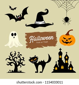 Happy Halloween collection, with Pumpkin, Bat, Ghost, Tree, Hat, Spider, design, vector illustrations