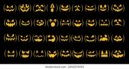Happy Halloween! Collection of pumpkin faces on black background. Halloween decorations. Individual holiday icons, stickers, cards, decorative elements.