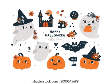 Happy Halloween collection with Pumpkins, cute childish ghosts, bat and magic elements isolated on white background. Ideal for cards, poster, prints, anniversary, invitation and party decoration